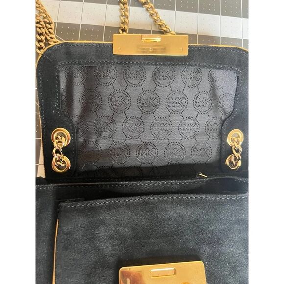Michael Kors Black Suede Crossbody Purse Bag with Gold Trim - Picture 3 of 8